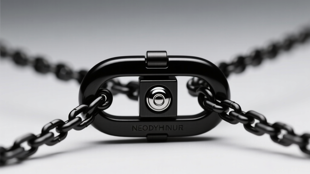 Detailed view of a matte black titanium magnetic clasp on a 2mm box chain, showing the neodymium magnet and safety latch.