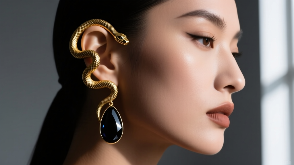 Sultry ear stack with an 18k gold serpentine ear cuff and dark onyx drop earring on a woman, shot in moody studio lighting