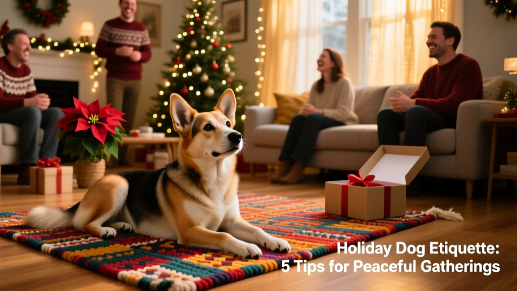 A dog lying calmly on a colorful mat near a festive living room, watching guests interact