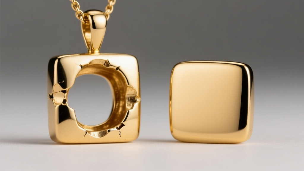 Macro shot comparing a dented hollow 18k gold square pendant beside a pristine solid 14k gold square pendant under studio light
