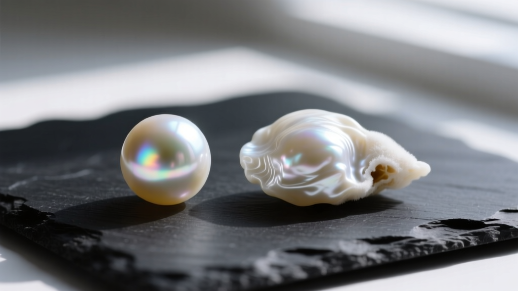 Macro shot comparing a round Hanadama Akoya pearl with a textured white baroque freshwater pearl resting on a dark slate surface