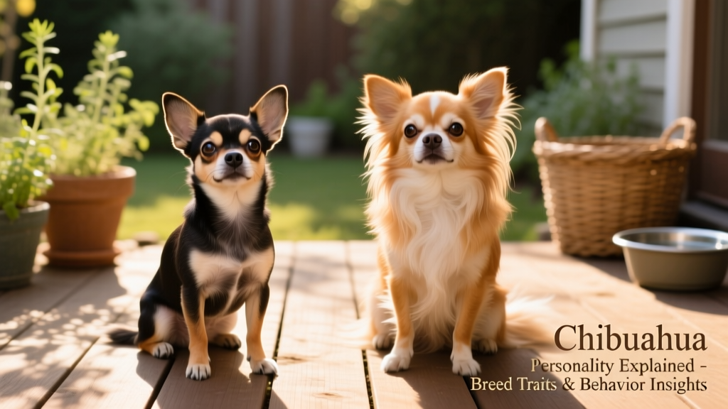 Side-by-side comparison of a short-coated and long-coated Chihuahua, both relaxed and attentive