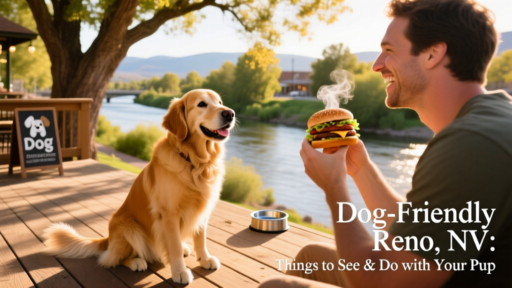 A happy dog sitting on a shaded patio beside a person enjoying a burger, with views of the Truckee River in the background