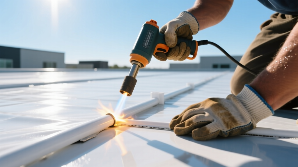 Close-up of a roofing professional using a hot-air welder to seal white PVC membrane seams on a commercial flat roof under bright sunlight