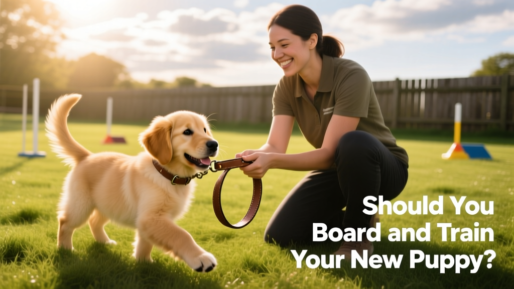 A joyful, relaxed puppy playing with a gentle trainer in a grassy outdoor training area, both smiling and engaged