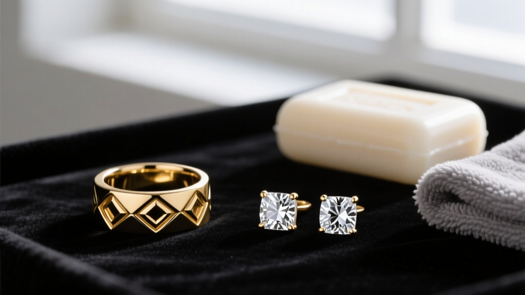 Gold-plated brass fashion rings and CZ earrings on dark velvet next to mild soap and a soft microfiber cleaning cloth.