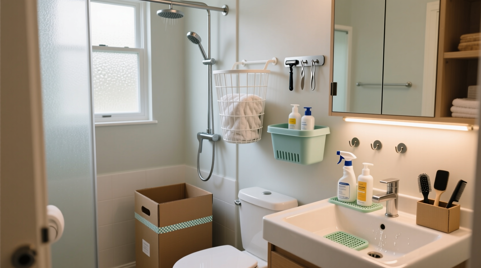 how to organize a small bathroom without shelves using everyday items creatively