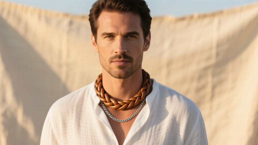 Man wearing a layered 3mm tan plaited leather necklace and a silver chain, photographed in natural sunlight against a linen shirt