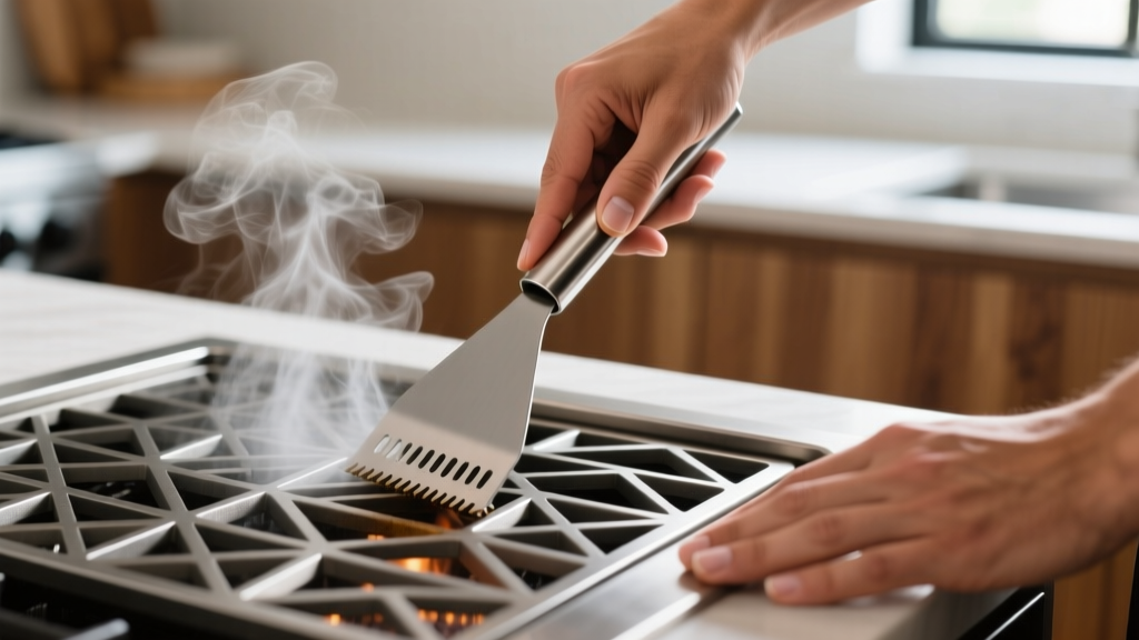 Hands using a stainless steel grill scraper to clean custom hard-anodized aluminum grill grates with steam rising from hot metal