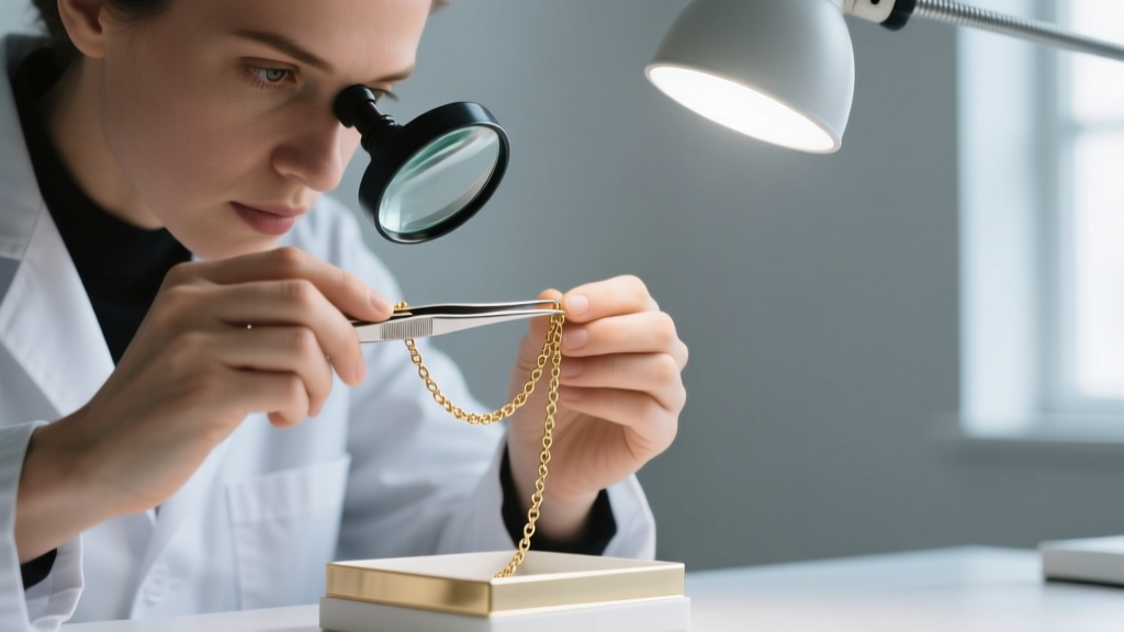 Jeweler using fine tweezers and a loupe to inspect a micro-break on a thin white gold box chain under a bright magnifying lamp