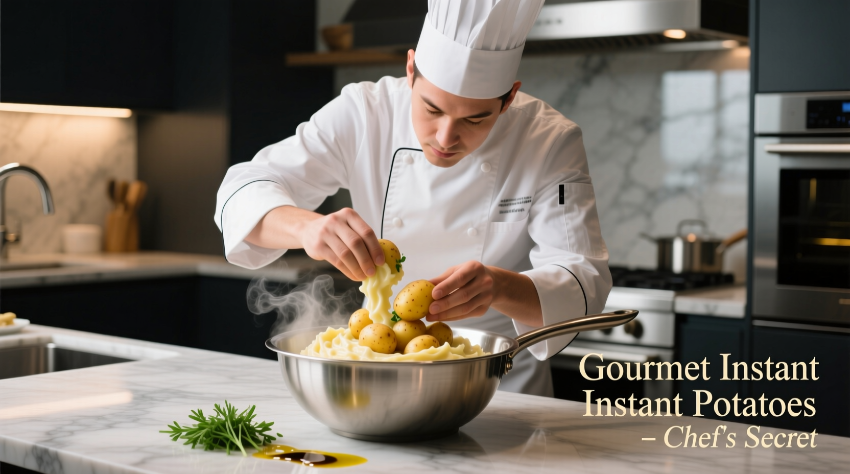Professional chef preparing gourmet instant mashed potatoes