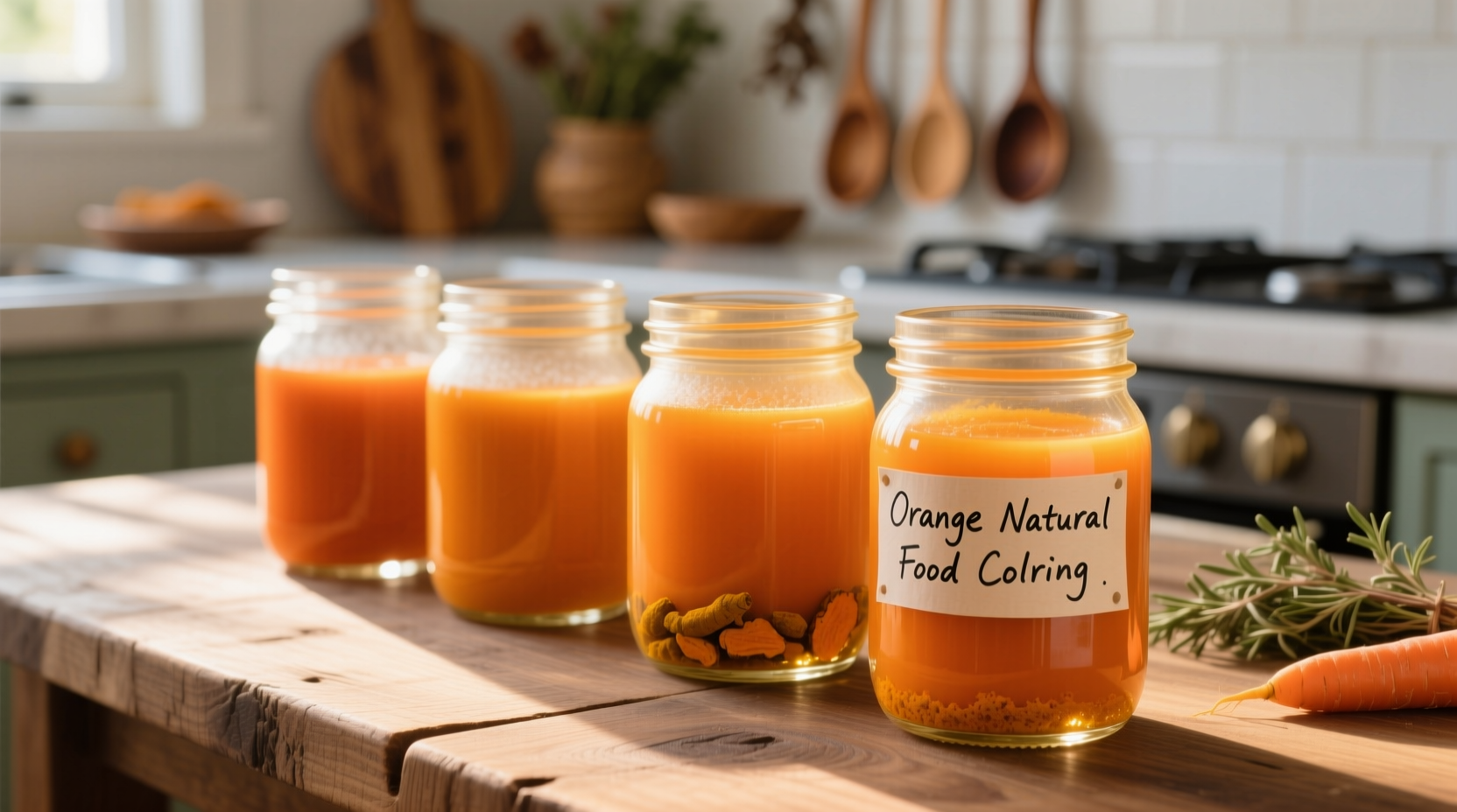 Homemade orange food coloring in glass jars