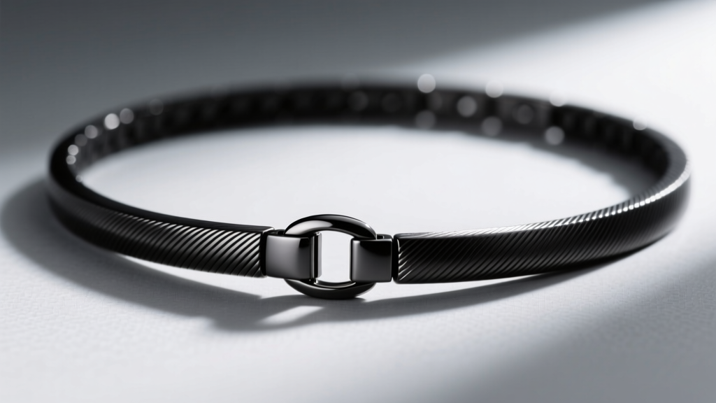 Close-up of Grade 5 titanium mens black necklace with PVD coating, showing brushed finish and a secure titanium lobster clasp.
