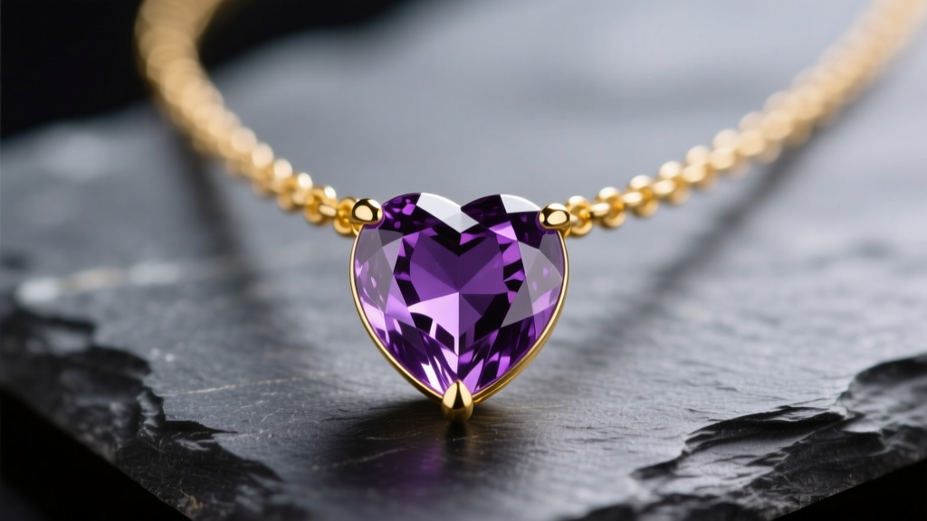 Close-up of a 14k solid yellow gold necklace featuring a 2-carat natural amethyst heart pendant resting on a dark slate surface