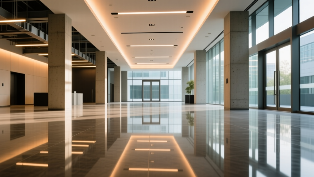 High-gloss polished concrete floor in a modern commercial lobby reflecting warm overhead LED lighting and exposed architectural columns