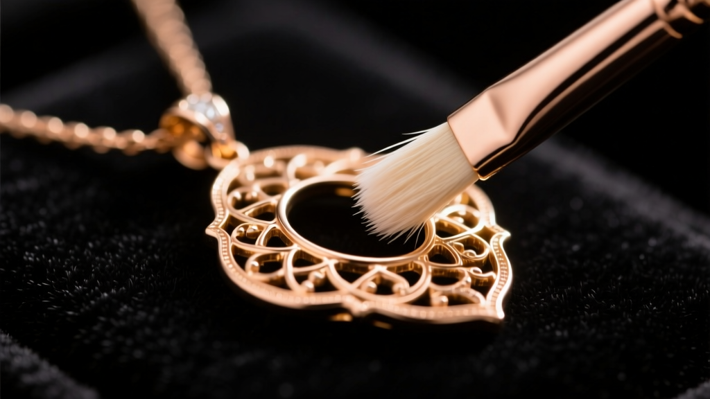 Macro view of a soft brush cleaning the filigree of a 14k rose gold vintage pendant under bright, focused studio lighting.