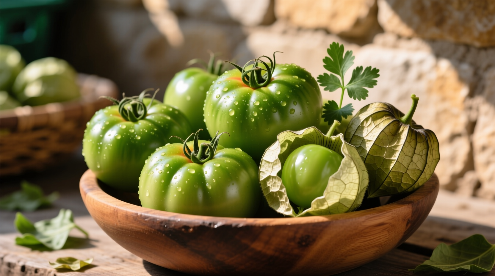 Fresh green tomatoes and tomatillos for salsa
