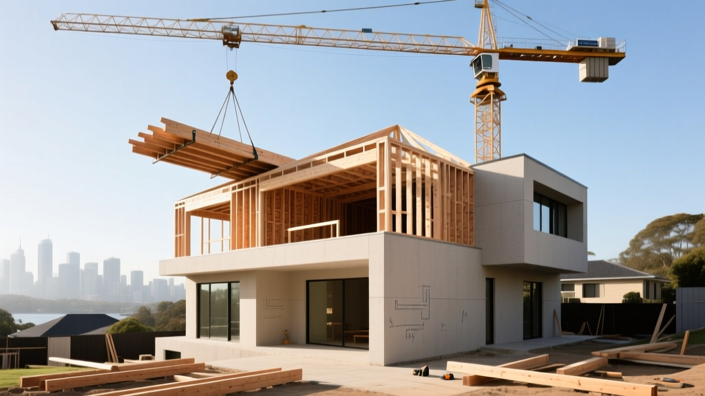 Custom two-story home under construction in Sydney featuring exposed timber framing, Hebel cladding, and a crane lifting roof trusses
