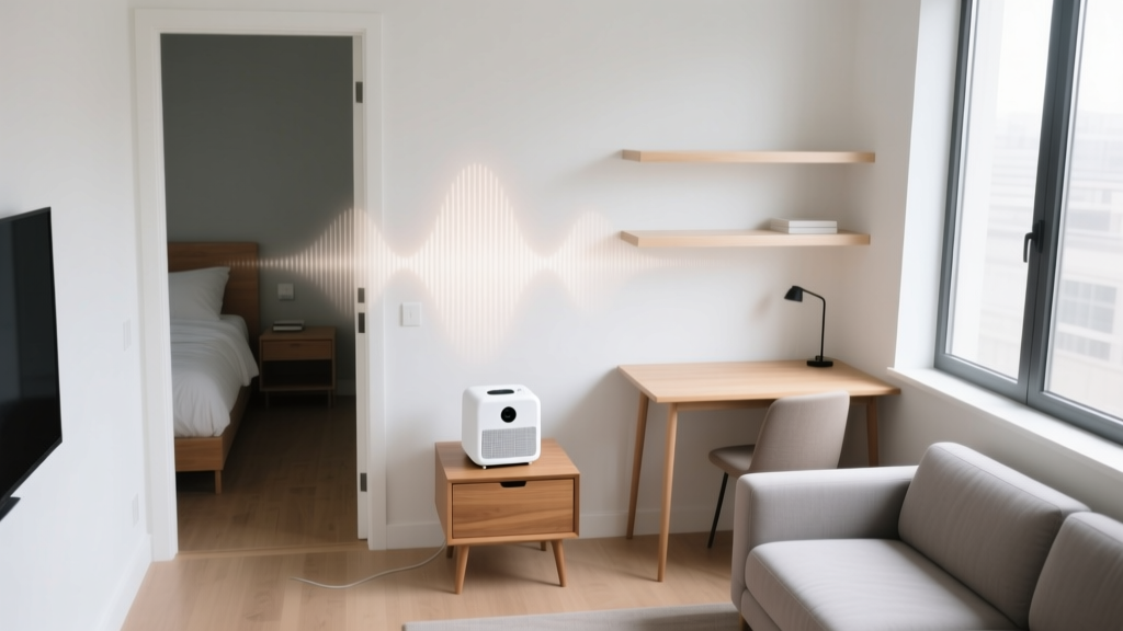 Overhead diagram showing optimal placement of a compact white noise machine in a small studio apartment to block hallway noise.