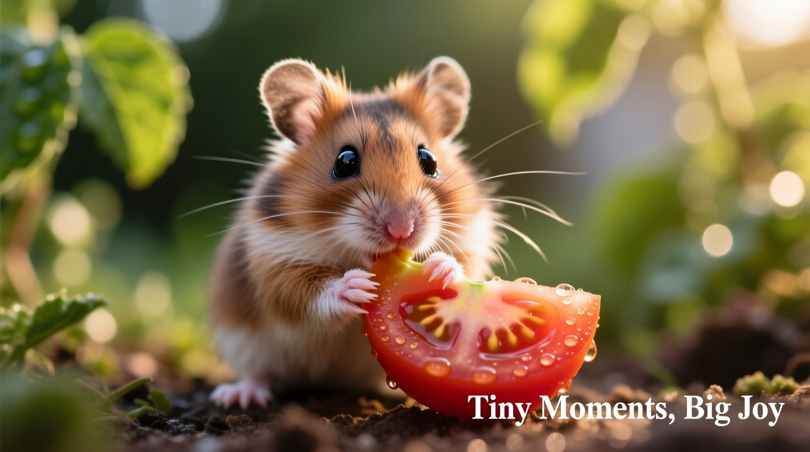Hamster carefully eating small tomato piece