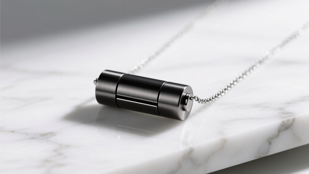 Matte black titanium necklace pill holder on white marble, showing a sleek cylindrical design attached to a delicate silver chain.