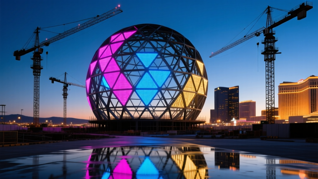 Massive spherical steel truss framework in Las Vegas at twilight with glowing LED exterior panels and construction cranes in background