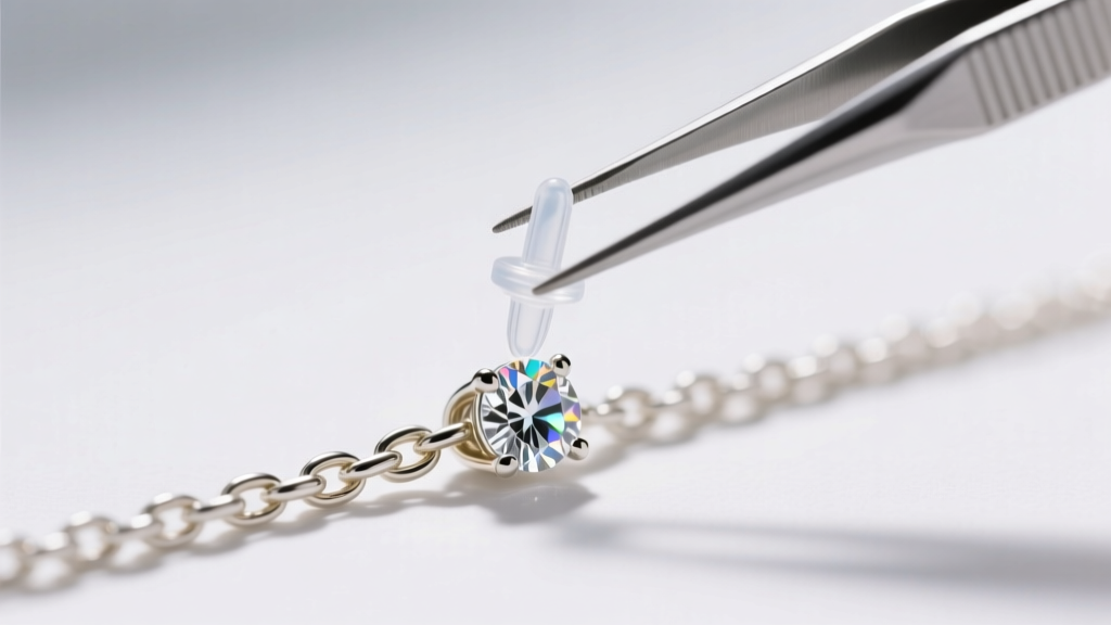 Close-up of tweezers placing a tiny clear silicone stopper on a delicate white gold box chain just behind a dangling diamond bail