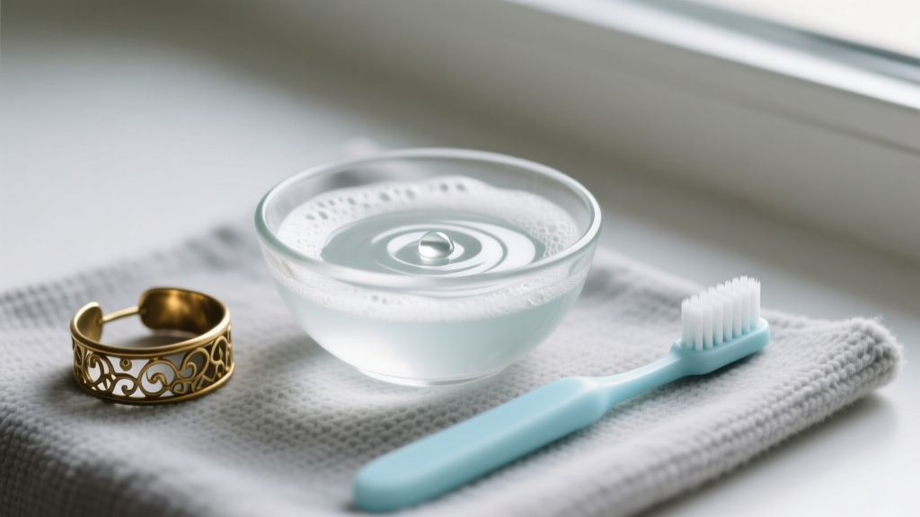 Glass bowl with mild soapy water and a soft baby toothbrush next to a tarnished brass ear wrap on a gray microfiber cloth.