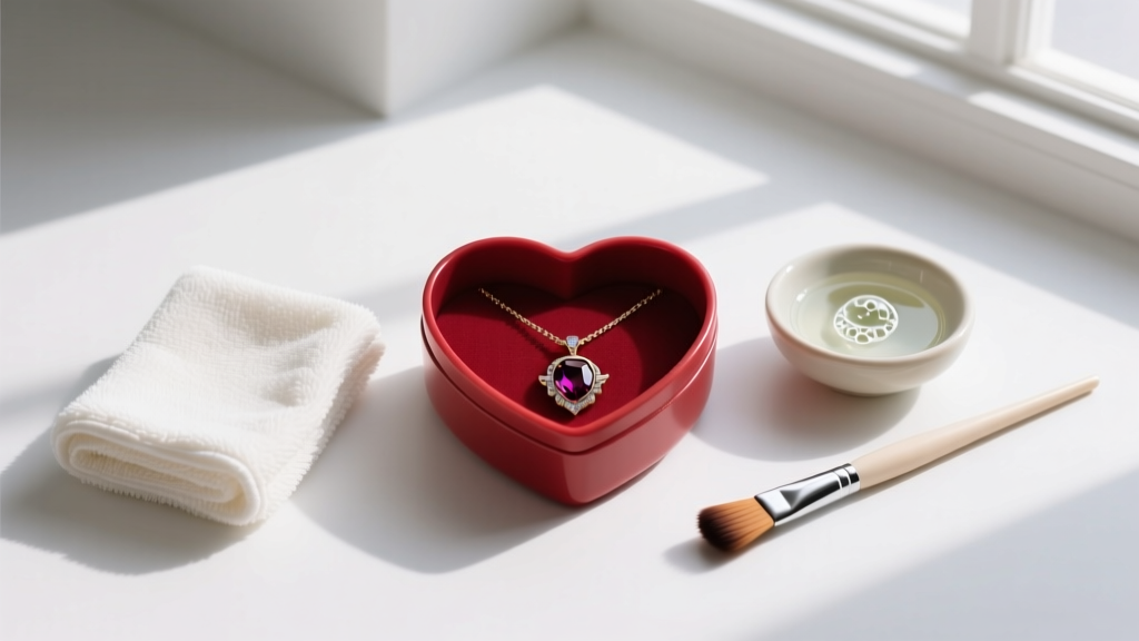 Flat lay of jewelry cleaning supplies including a microfiber cloth, mild soap, and soft brush next to a ruby heart container zelda necklace.