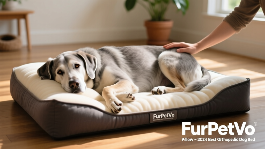 Large senior dog lying comfortably on the FurPetVo Pillow Orthopedic Dog Bed, highlighting the supportive hump and deep foam structure