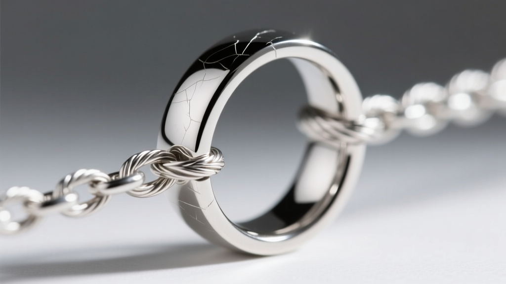 Macro shot of a sterling silver cable chain passing through a platinum ring, highlighting micro-scratches from metal friction.