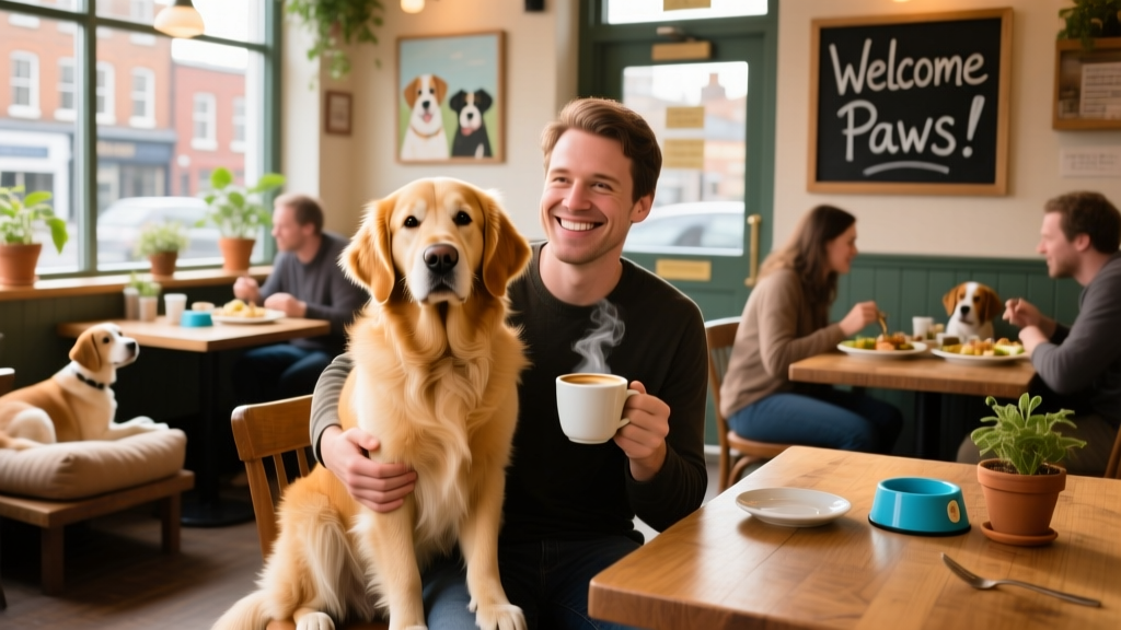 A dog sitting calmly on their pet parent's lap in a dog-friendly restaurant in Nottingham.