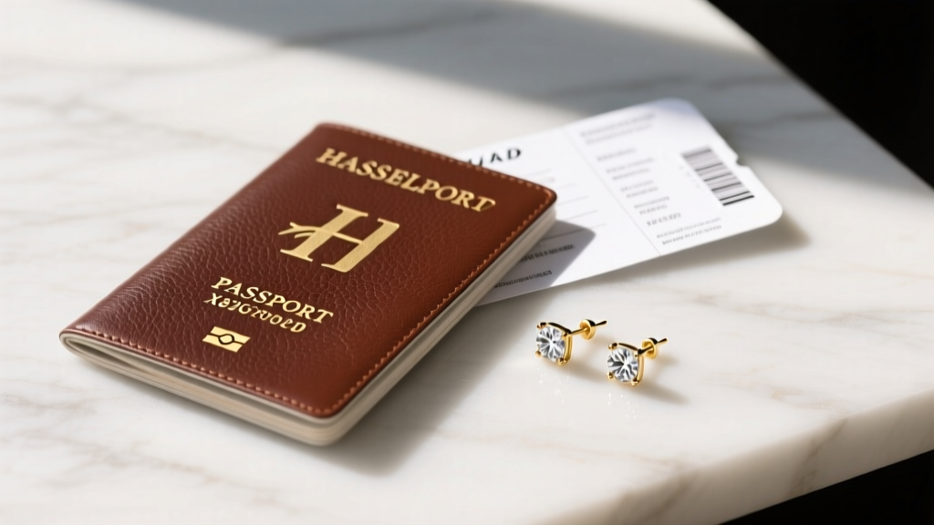 Flat lay of a leather passport, boarding pass, and small 18-karat gold diamond stud earrings resting on a white marble surface.