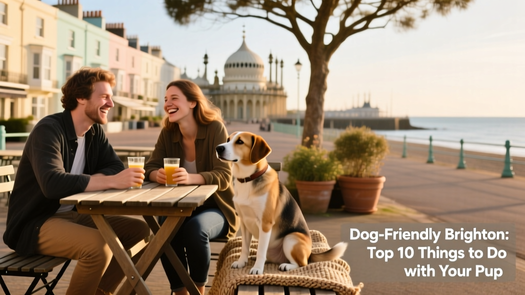 Two people enjoying drinks at an outdoor table with their calm, seated dog nearby in Brighton