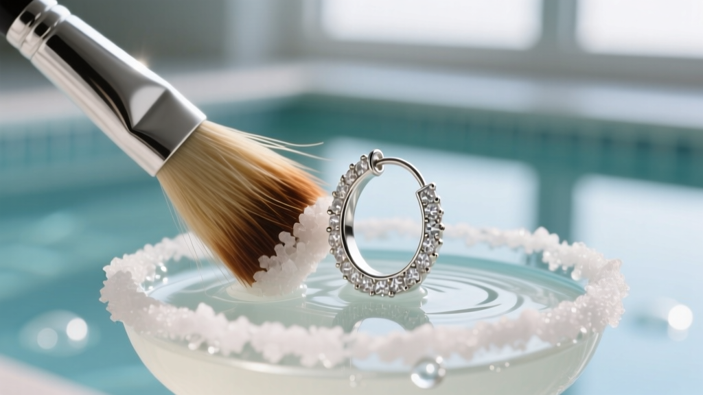 Horsehair brush gently scrubbing the textured salt rim of a silver margarita earring, with mild soapy water in the background