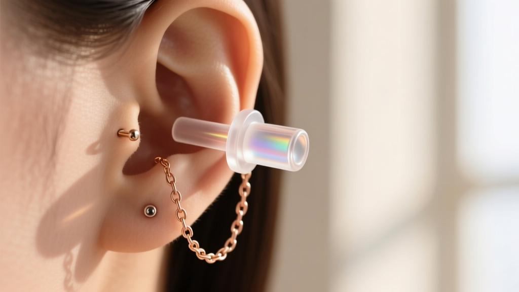 Close-up of a clear silicone threader earring stopper securing a delicate rose gold chain at the back of a healed earlobe piercing