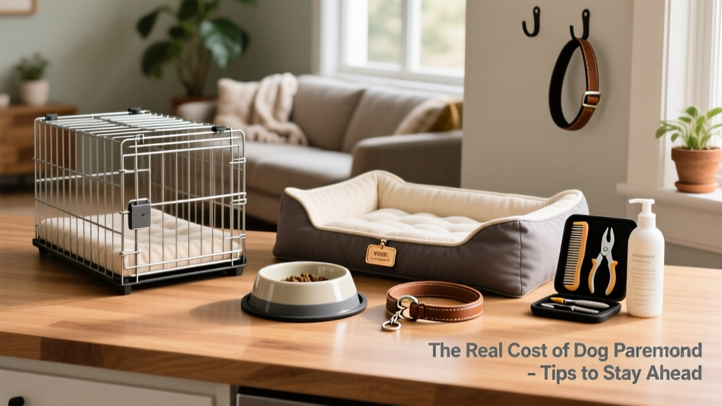 Side-by-side comparison of essential dog supplies: crate, bed, food bowl, leash, and grooming kit