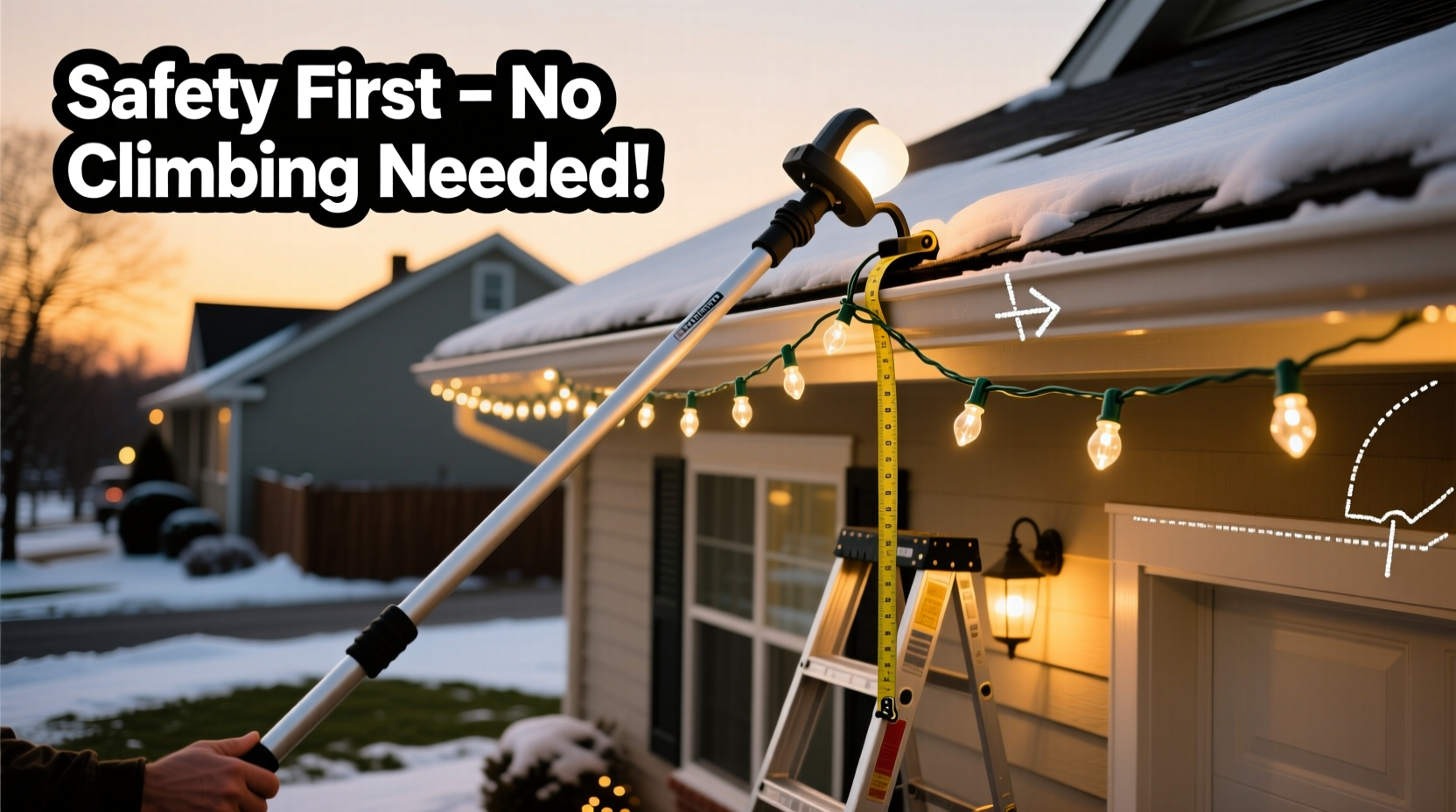 how to string christmas lights evenly on a roof without climbing dangerously
