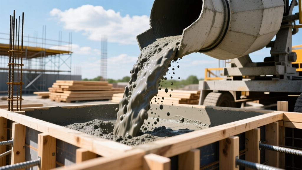 Concrete mixer pouring high-slump self-consolidating concrete into reinforced wooden formwork on a bright commercial construction site.