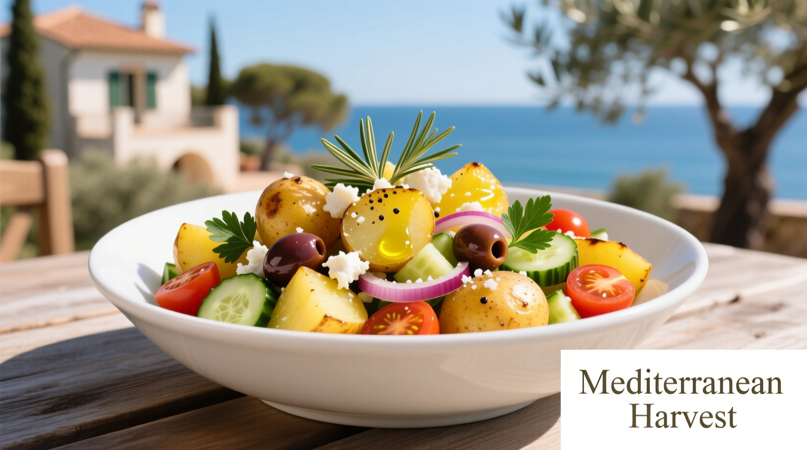 Colorful Mediterranean potato salad in white bowl