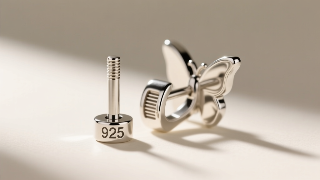 Close-up of sterling silver earring post and butterfly clutch, highlighting the 925 hallmark and secure friction groove detail.