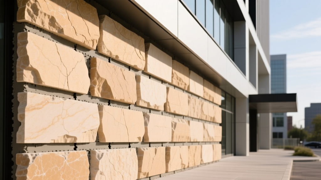 Stacked natural limestone veneer panels in warm buff tones being installed on a modern commercial building exterior with mortar joints visible