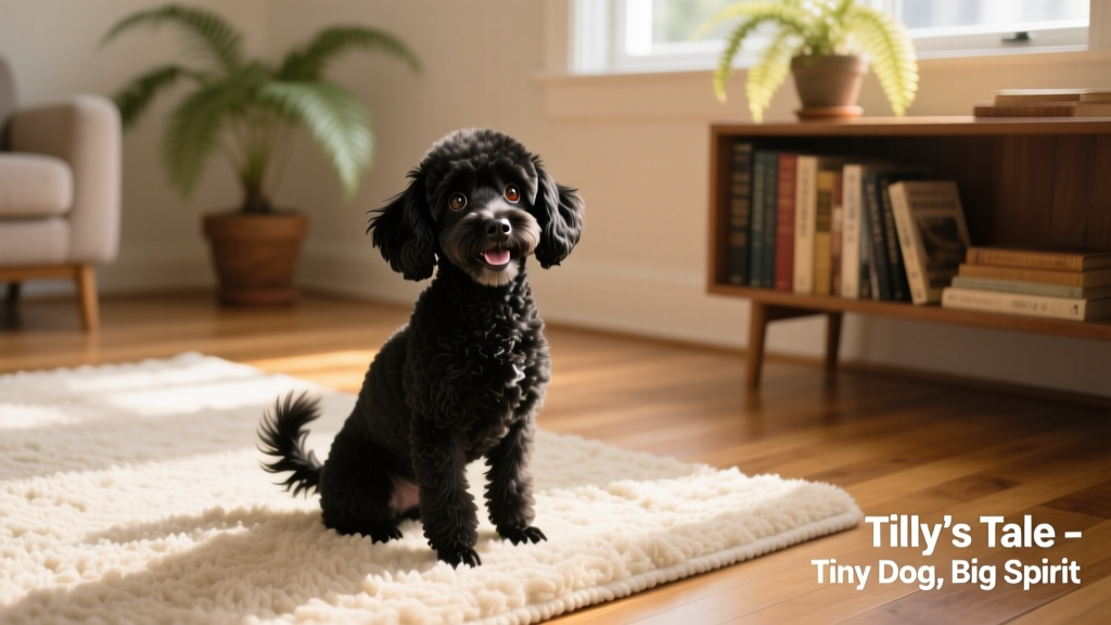 Tilly sitting upright on a cozy rug, looking alert and happy