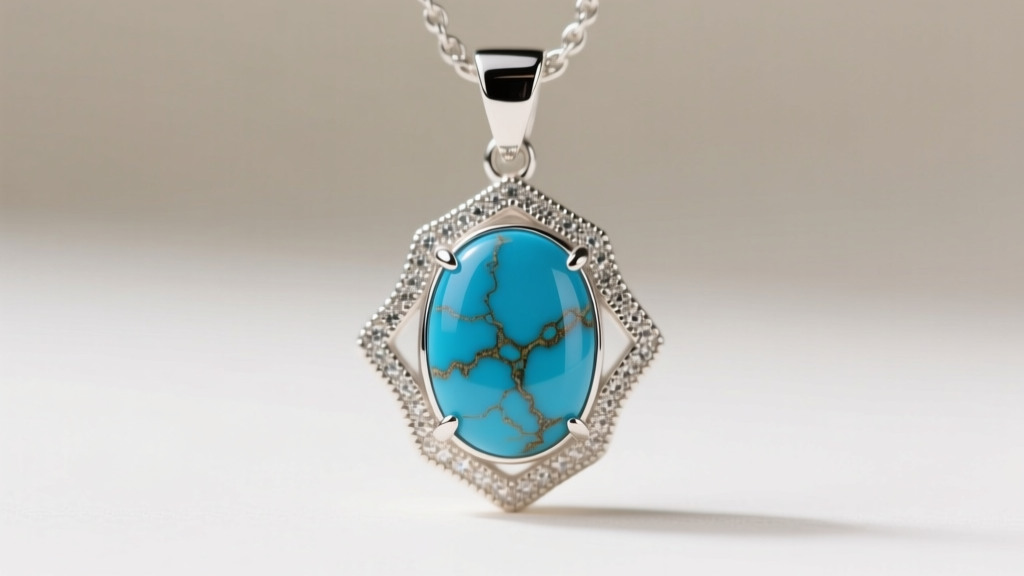 Macro shot of a 925 silver pendant with a turquoise cabochon, showing the delicate bezel setting and natural stone matrix veins.