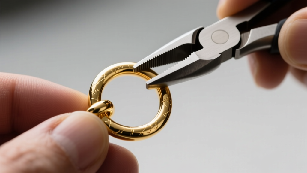 Macro shot of a jeweler using pliers to gently squeeze a stretched 14k gold O-ring toggle clasp back into a perfect circle shape
