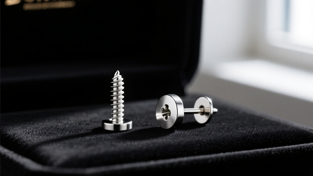 Side profile comparing a threaded screw-back post and a friction push-back post on a dark velvet jeweler's display pad.