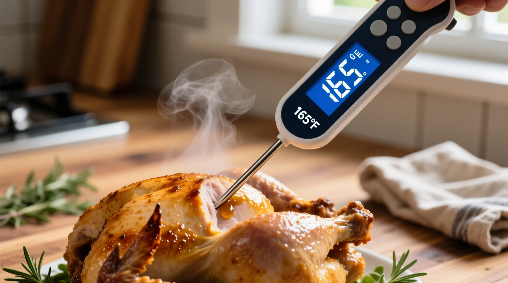 Food thermometer showing 165 degrees in chicken