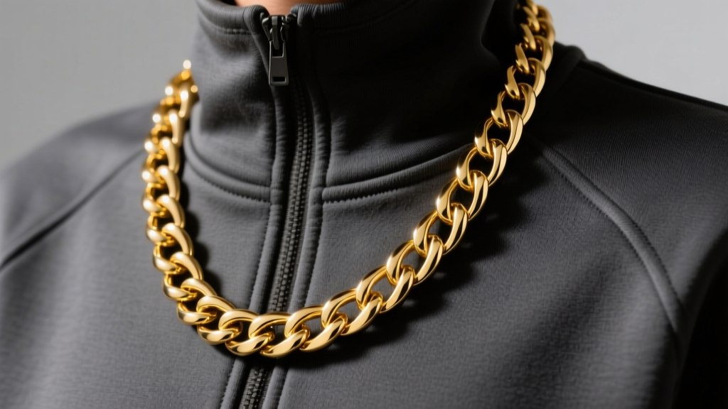 12mm 9-karat yellow gold Cuban link chain on a dark grey tracksuit, studio lighting highlighting the highly polished metal links