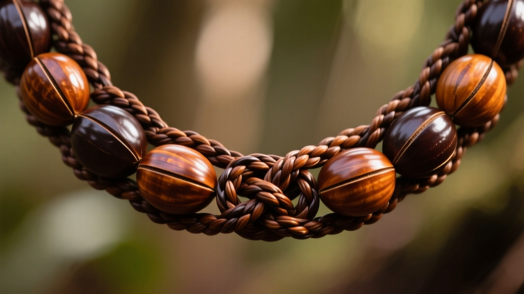 Macro photo of a traditional hand-knotted Hawaiian seed lei showing tight overhand knots between polished dark brown kukui nuts.