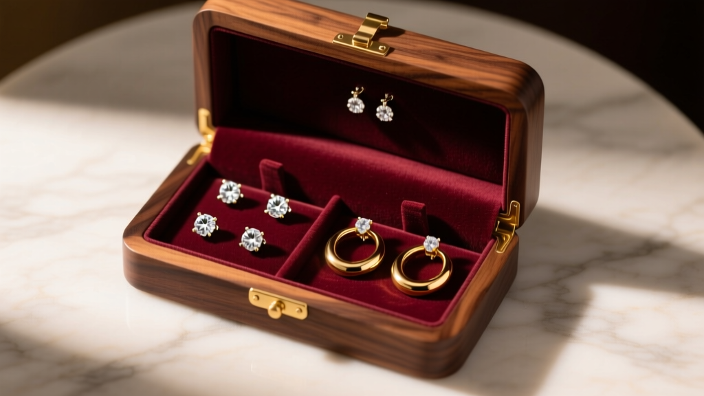 Top-down view of a walnut earring box with velvet inserts, displaying diamond studs and gold hoops under warm vanity lighting